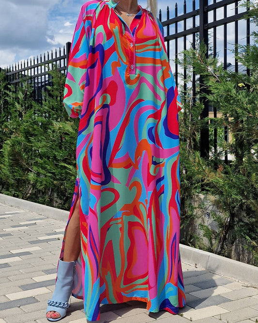 Colorful printed V-neck puff sleeve long dress casual dresses spring summer