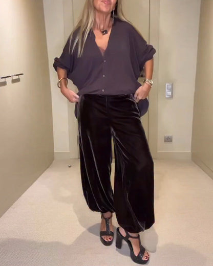 Trendy Velvet Baggy Casual Pants