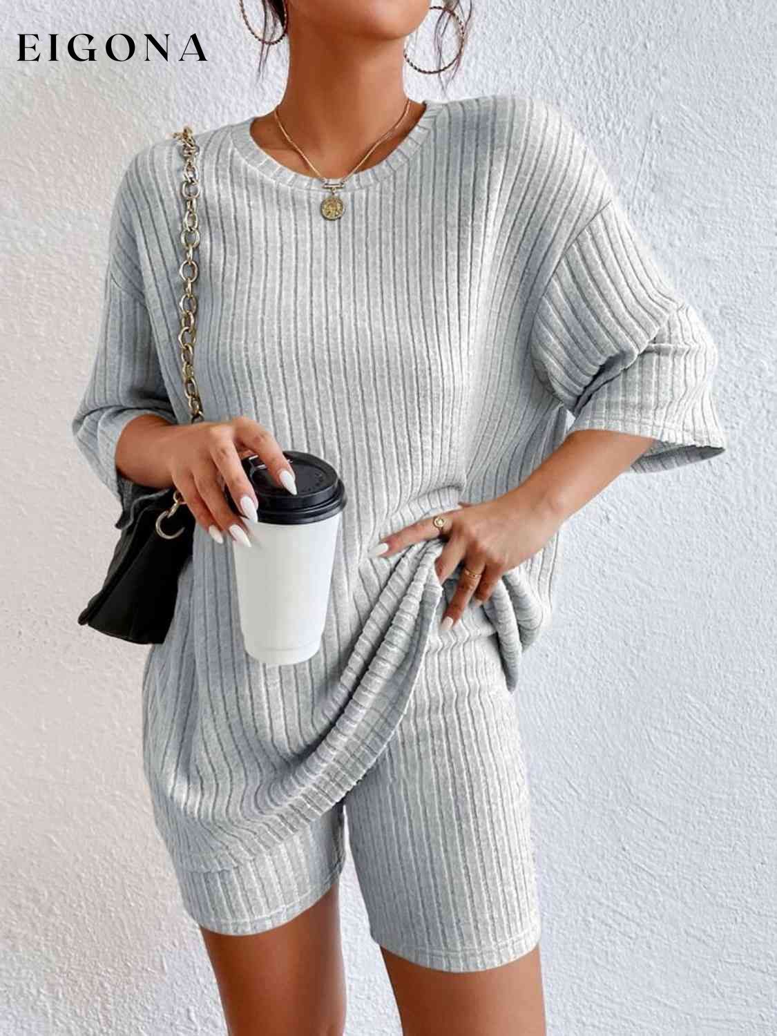 Ribbed Round Neck Top and Shorts Set Cloudy Blue 2 pieces clothes pants set set Ship From Overseas Shipping Delay 09/29/2023 - 10/03/2023 sweater set Y@L@Y