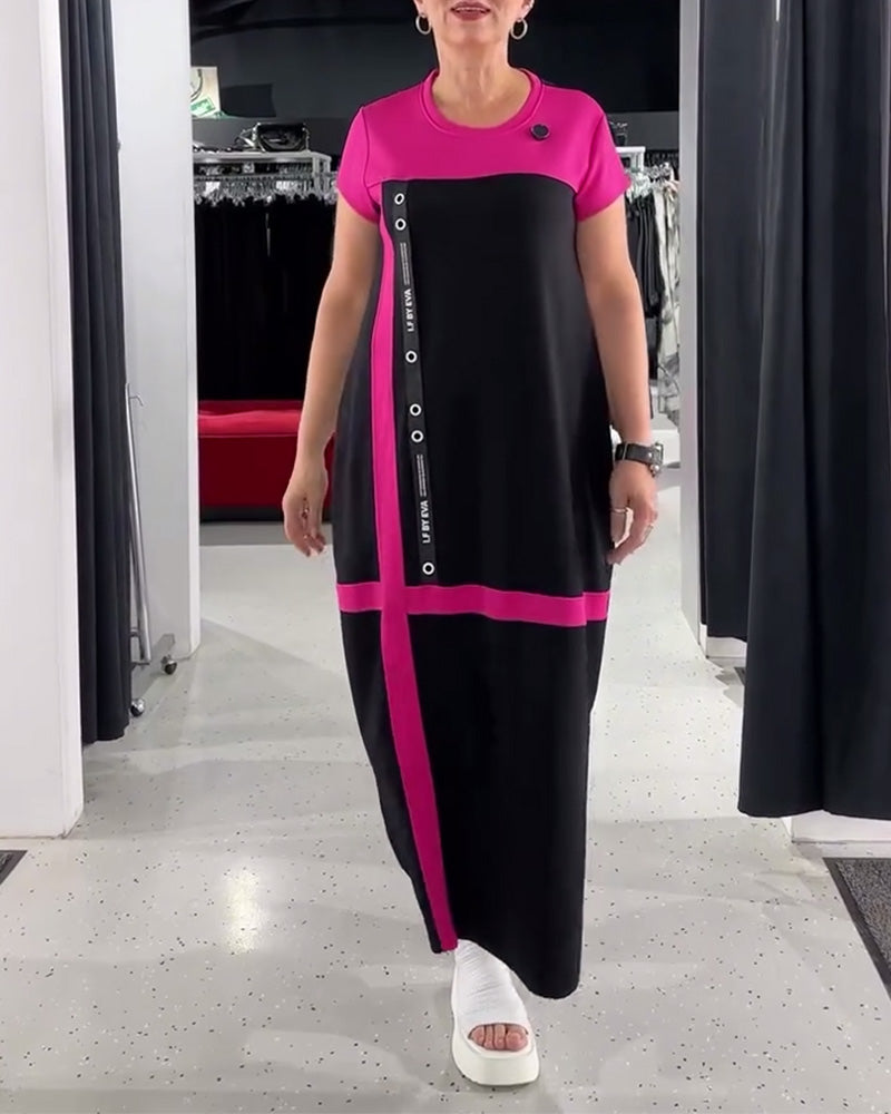 Round Neck Casual Commuting Contrast Color Dress