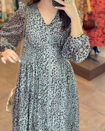 Puff Sleeve V-Neck Printed Dress
