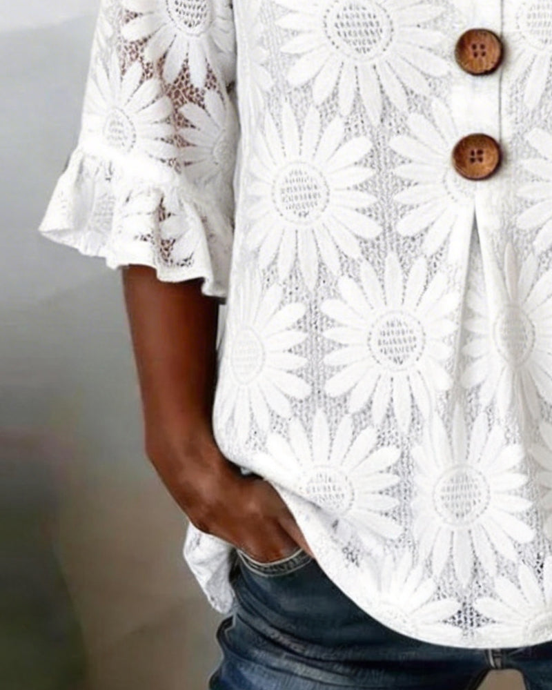Ruffled Daisy-Print Blouse With Ruffle Sleeves