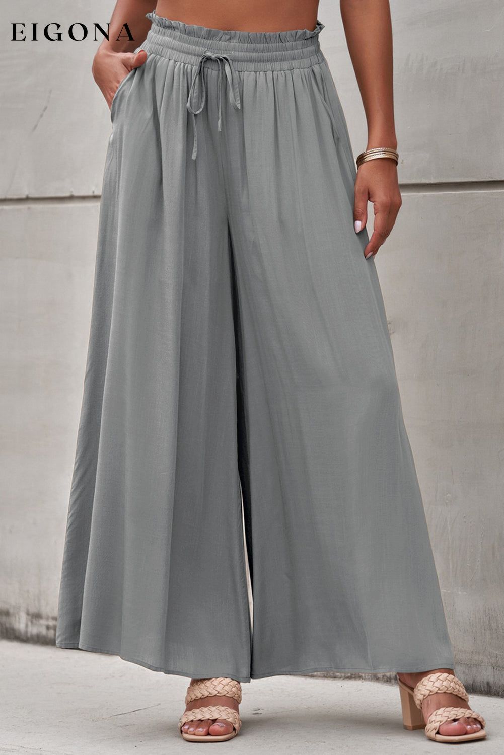 Gray Drawstring Smocked High Waist Wide Leg Pants All In Stock bottoms clothes EDM Monthly Recomend lounge wear loungewear Occasion Daily pants Print Solid Color Season Summer Silhouette Wide Leg Style Casual wide pants