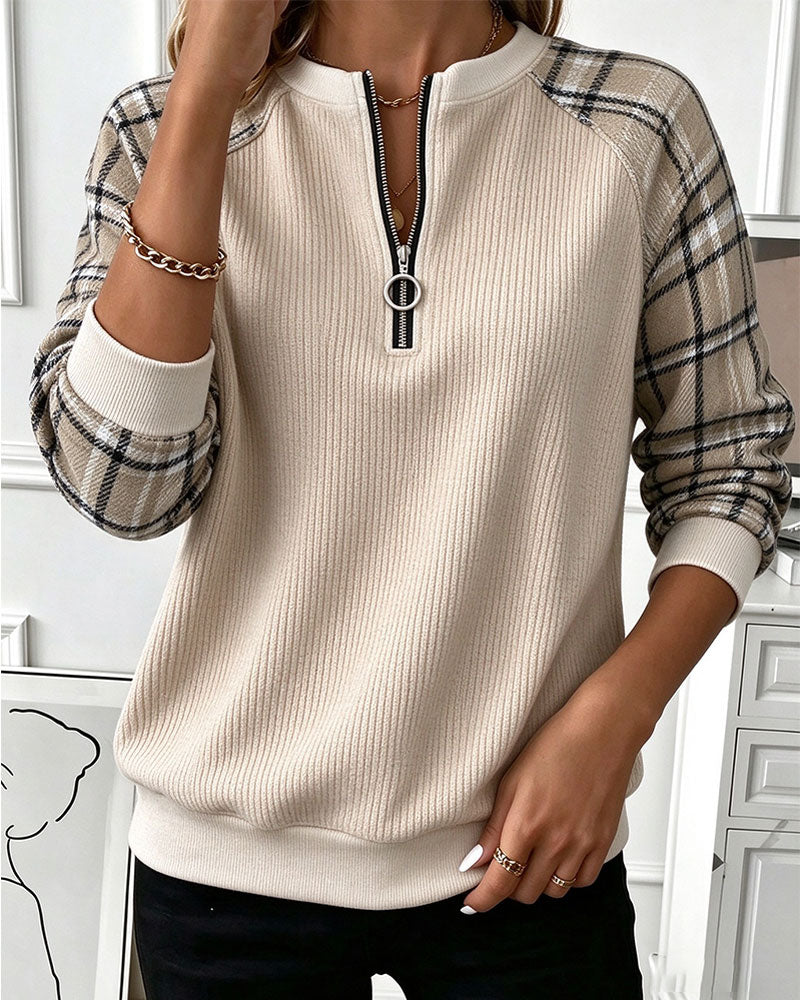 Round Neck Zipper Plaid Sweatshirt 2024f/w sweatshirts