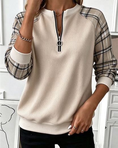Round Neck Zipper Plaid Sweatshirt