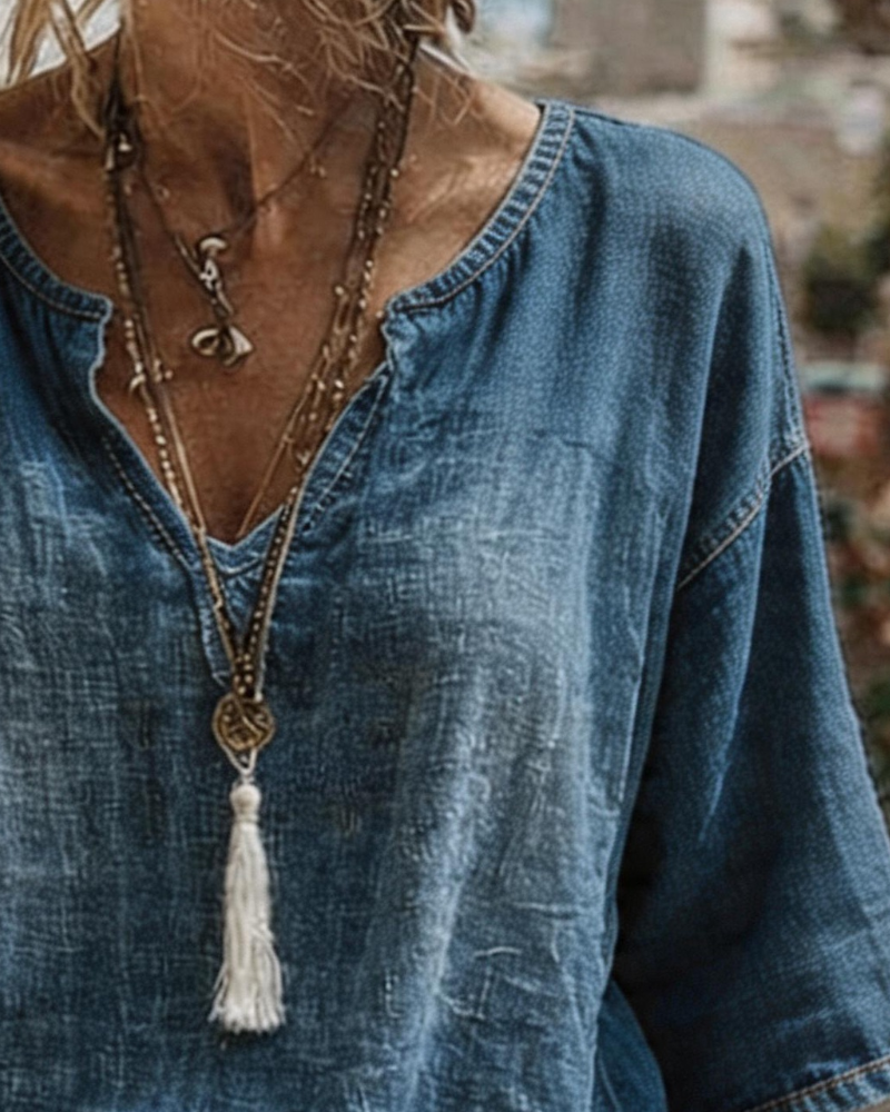V-Neck Denim Half Sleeve Top