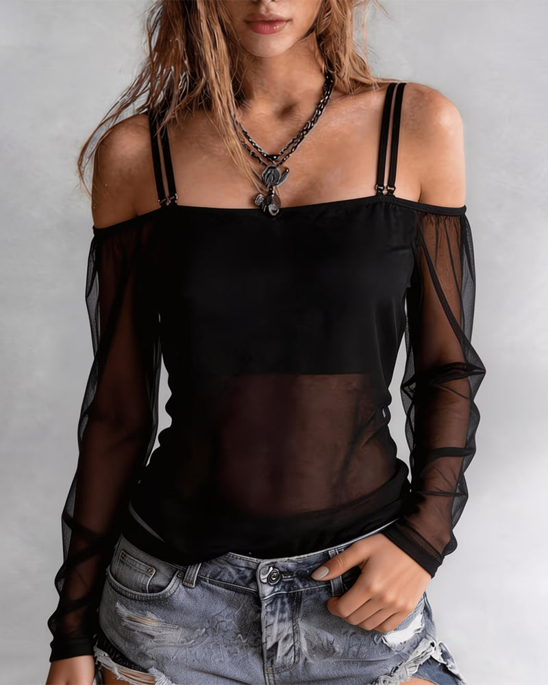 Spaghetti Strap Off-Shoulder Sheer T-Shirt
