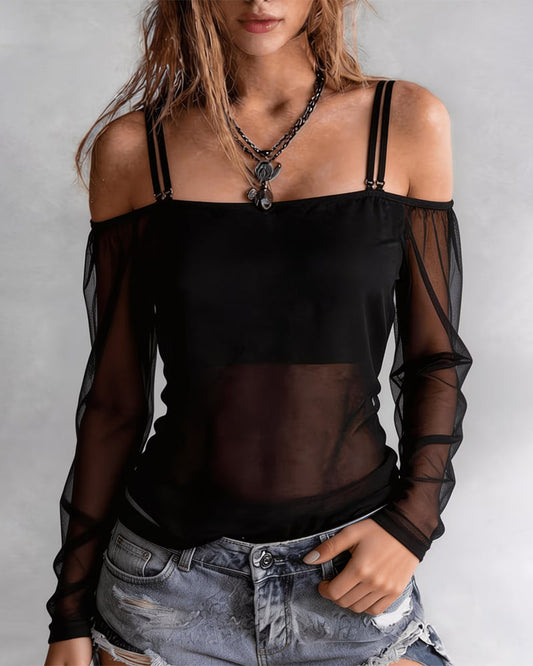 Spaghetti Strap Off-Shoulder Sheer T-Shirt spring summer t-shirts