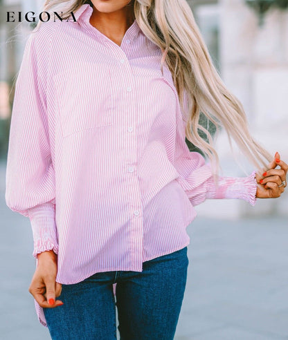 Pink Smocked Cuffed Striped Boyfriend Shirt with Pocket All In Stock button down womens clothes Color Pink Craft Smocked DL Exclusive Early Fall Collection long sleeve shirts long sleeve top Occasion Daily Print Stripe Season Spring Stripe tops Style Modern tops