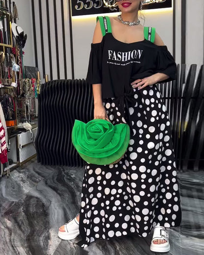 Abito casual patchwork a pois con bretelle