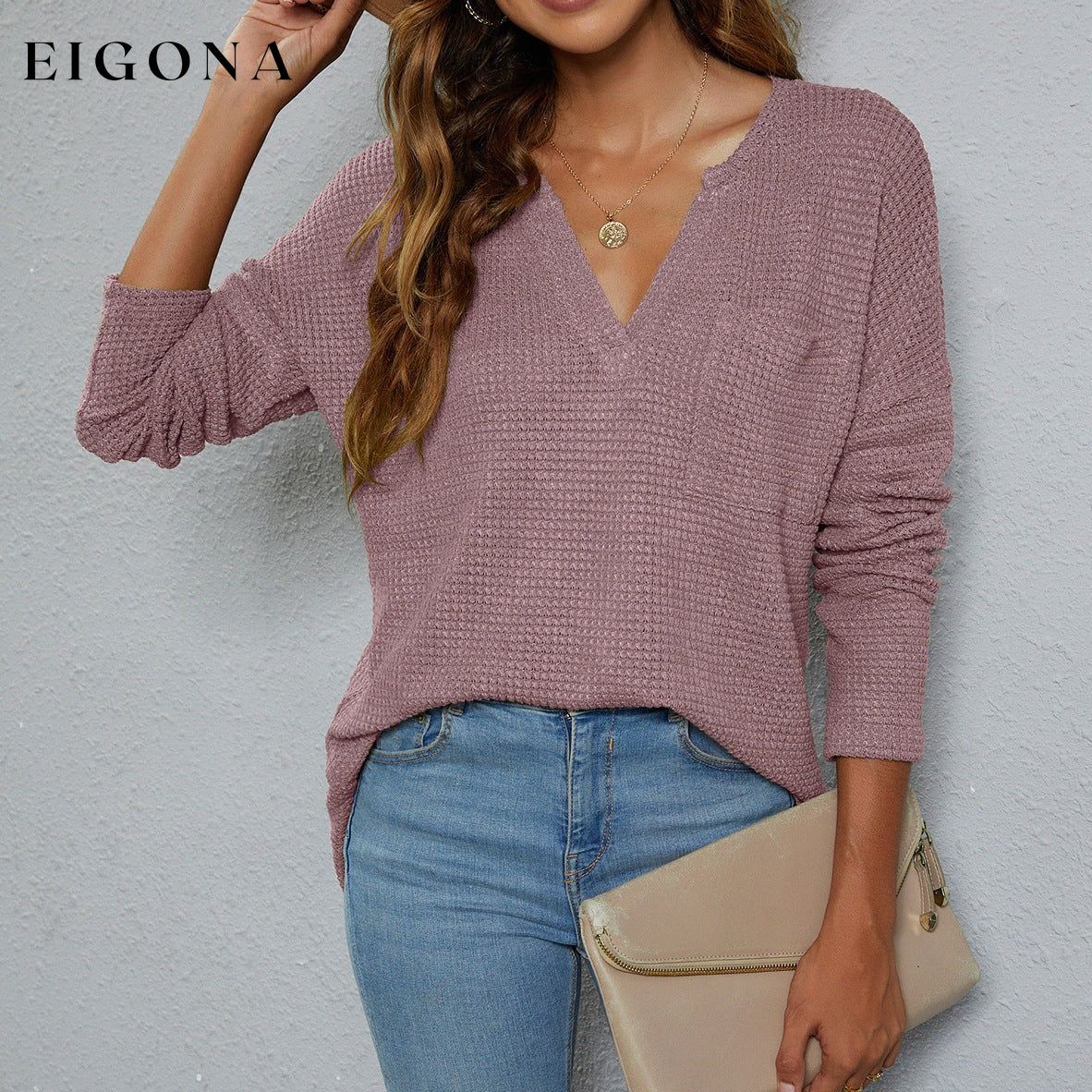 Dropped Shoulder High-Low Waffle-Knit Top Changeable clothes long sleeve long sleeve shirts long sleeve top Ship From Overseas