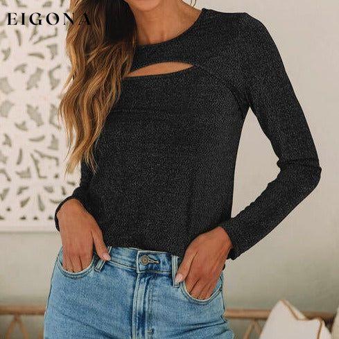 Metallic Cutout Round Neck Long Sleeve Top Black clothes Ship From Overseas SYNZ