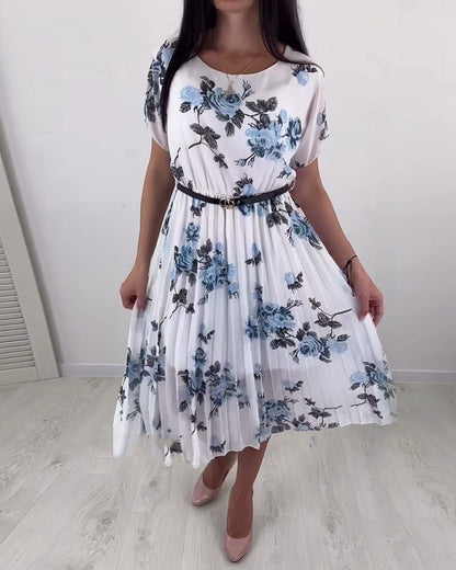 Elegant floral print short-sleeve pleated dress casual dresses summer