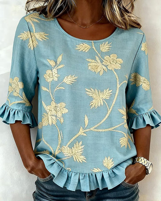Jasmine Ruffle Round Neck Mid-Sleeve Blouse blouses & shirts spring summer