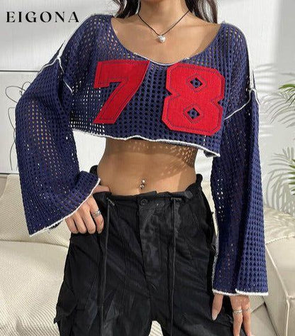 Contrast Patches Long Sleeve Cropped Knit Long Sleeve Top Navy clothes crop top crop tops cropped top croptop long sleeve shirts long sleeve top Ship From Overseas Yh