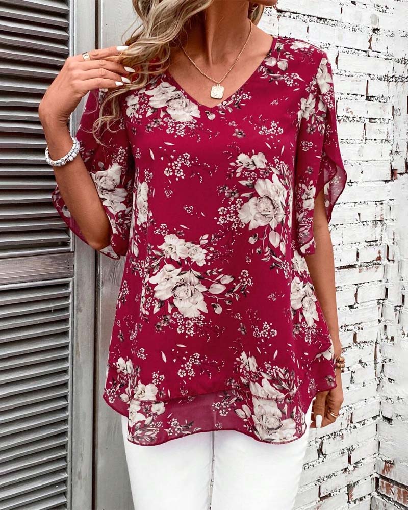 V-Neck Printed Double-Layer Short-Sleeved Blouse