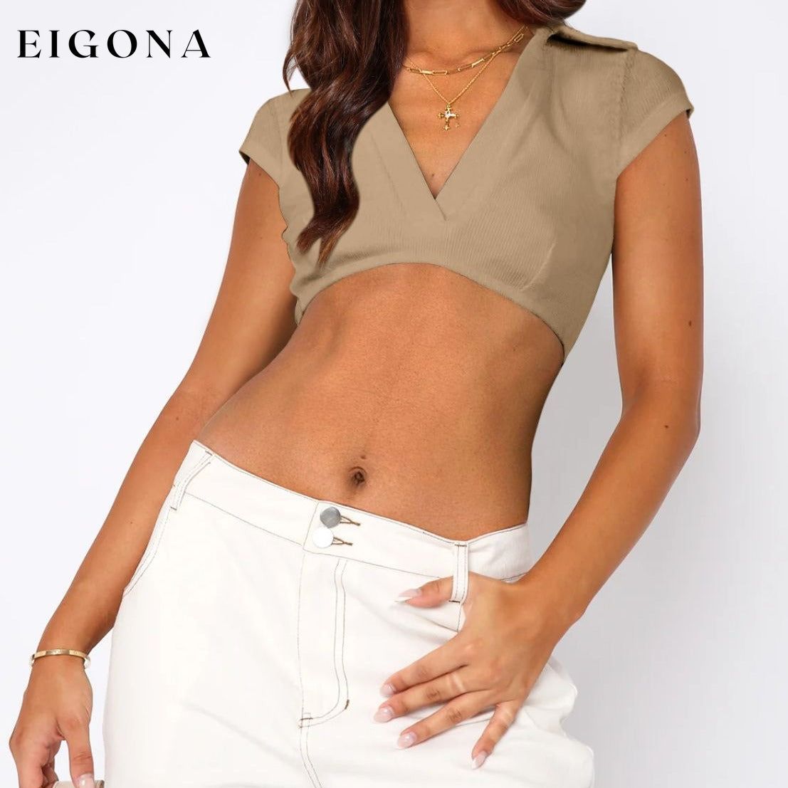 Collar Cropped Top Khaki clothes crop top croptop MDML Ship From Overseas Shipping Delay 09/29/2023 - 10/02/2023 shirt shirts trend trendy