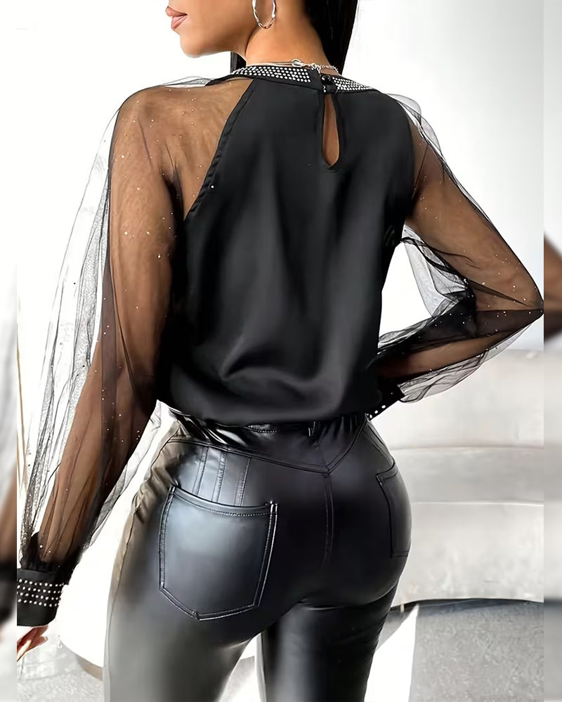 Hot Rhinestone Mesh Long-Sleeved Fashionable Blouse