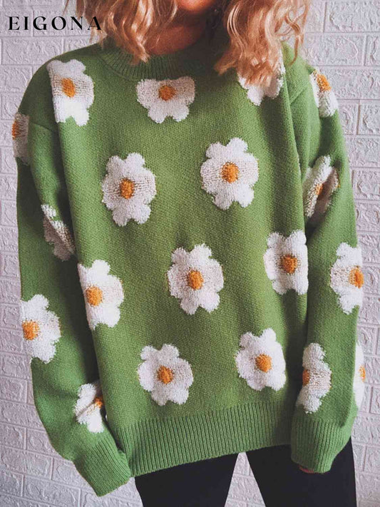 Flower Round Neck Long Sleeve Sweater Matcha Green clothes S.X Ship From Overseas