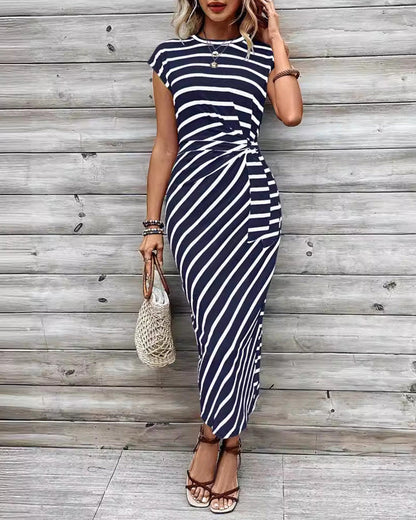 Fashion striped printed strappy raglan sleeve slim dress 202466 casual dresses summer