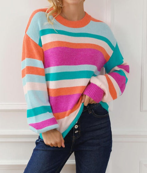 Striped Round Neck Long Sleeve Knit Top clothes Ship From Overseas SYNZ