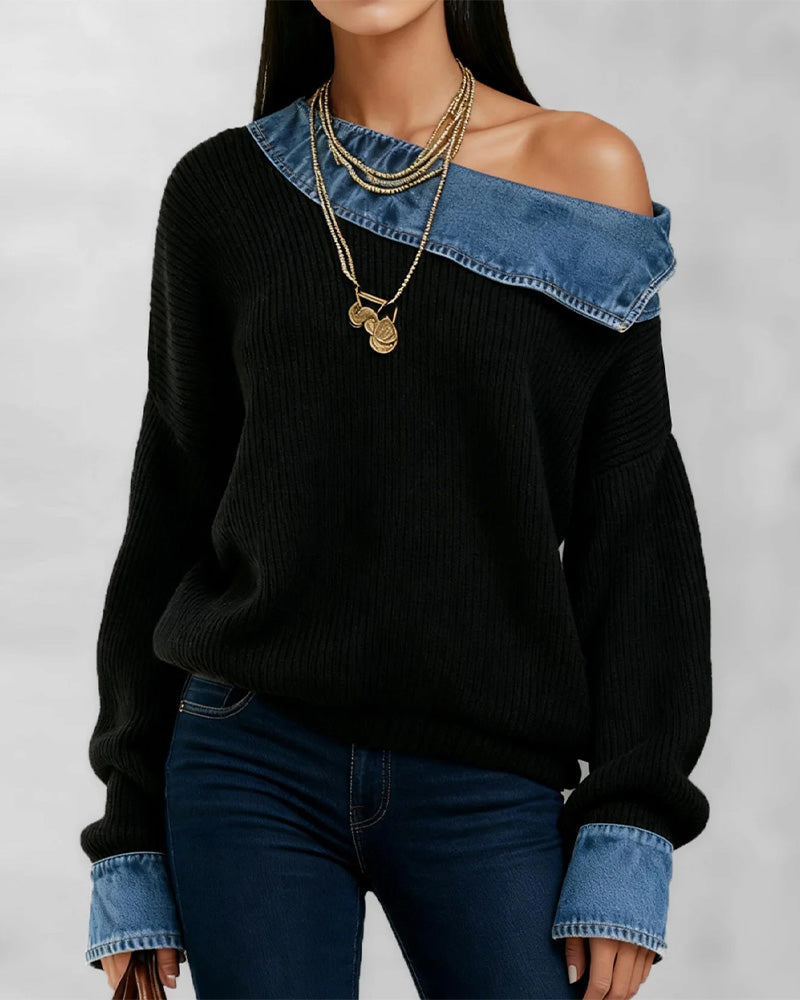 Off-Shoulder Denim Patchwork Top