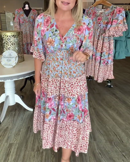 Abito floreale con scollo a V e maniche a loto