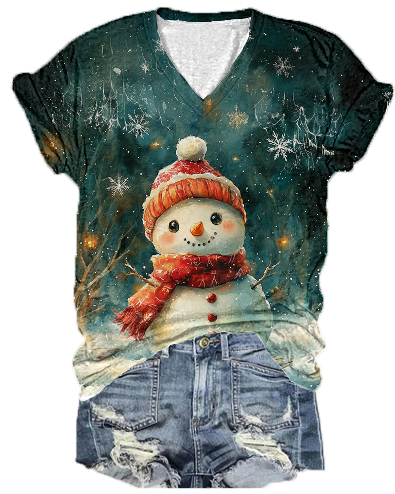 V-neck Christmas snowman print T-shirt 2024 f/w christmas spring summer t-shirts