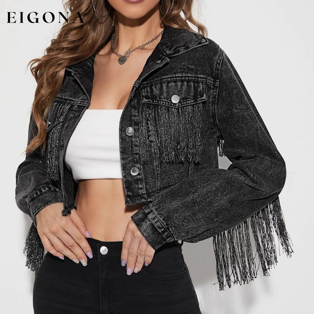 Fringe Detail Long Sleeve Cropped Denim Jacket Black ASZ@Denim clothes Denim Jacket denim jackets jean jackets Ship From Overseas Shipping Delay 09/29/2023 - 10/03/2023