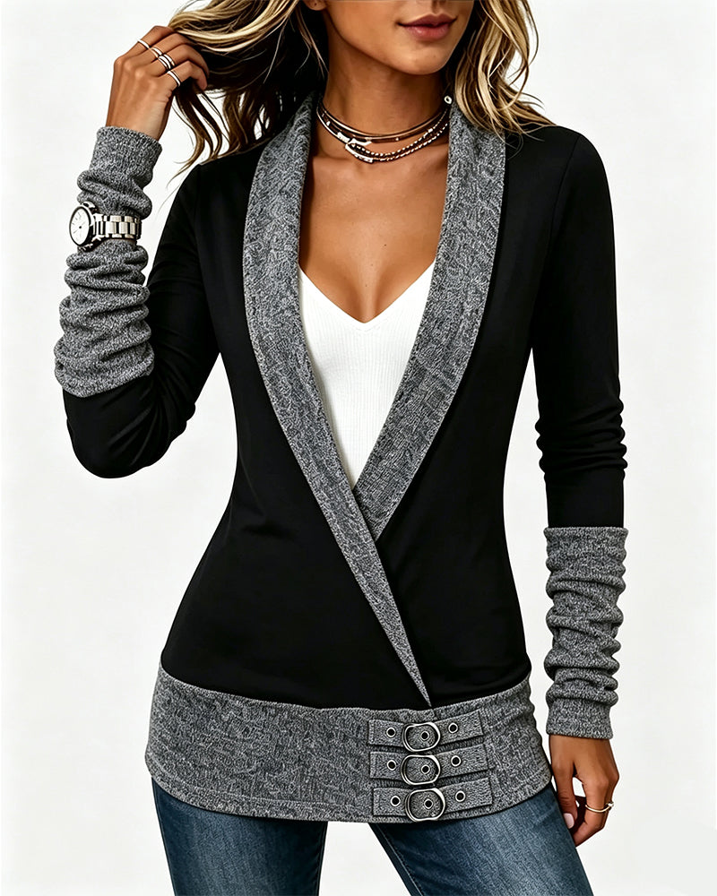 Colorblock Cross V-Neck Waist-Cinching Mock Two-Piece Top 2024 f/w spring tops