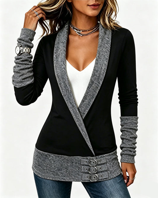 Colorblock Cross V-Neck Waist-Cinching Mock Two-Piece Top 2024 f/w spring tops