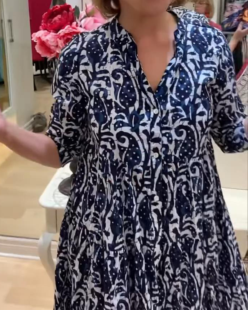 Stand Collar Printed Retro A-Line Dress