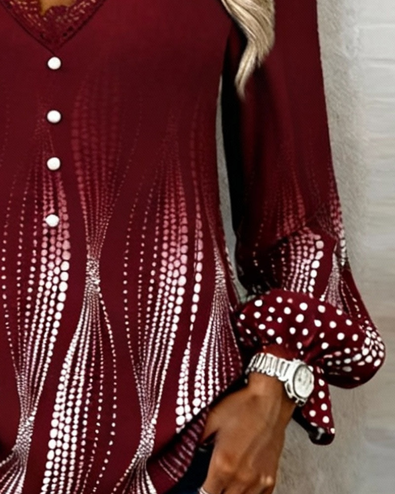 Puff Sleeve V-Neck Print Blouse