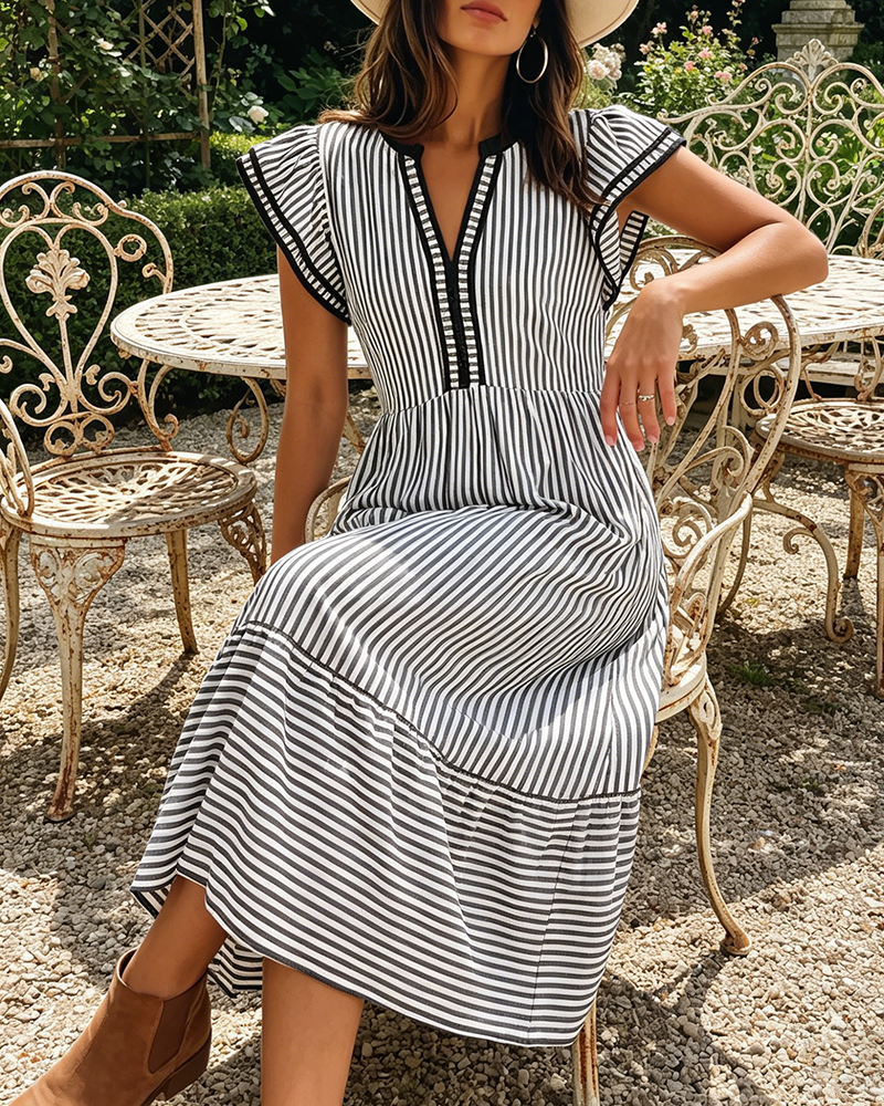 Striped Double Ruffle Short Sleeve Dress