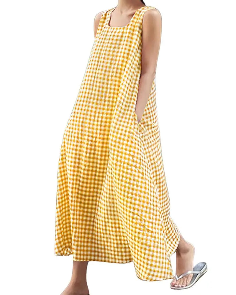 Plaid Sleeveless Square Neck Maxi Dress