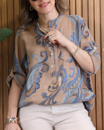 Retro pleated sleeve printed blouse blouses & shirts summer