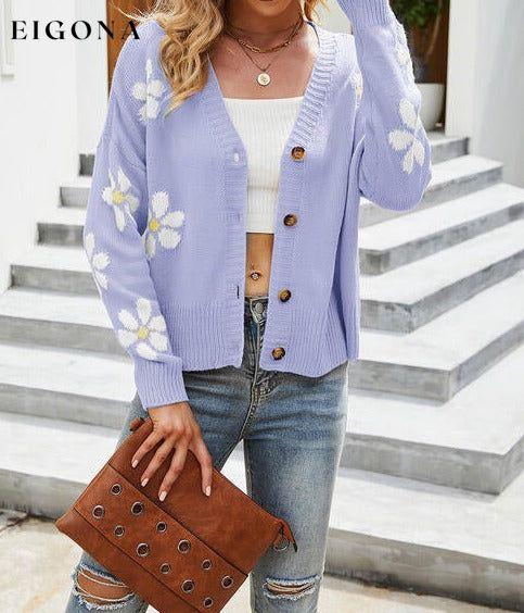 Flower Pattern Button Front Sweater Cardigan Lavender cardigan cardigans clothes Ship From Overseas Sweater sweaters X.X.W