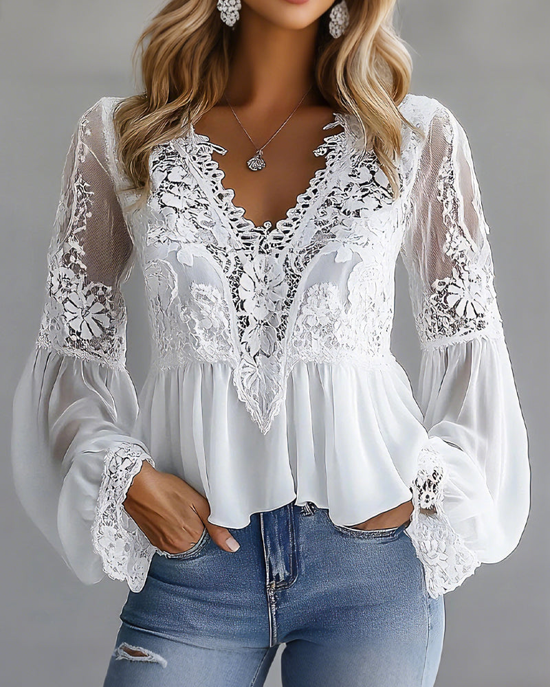 Lantern Sleeve Lace Patchwork Versatile Blouse