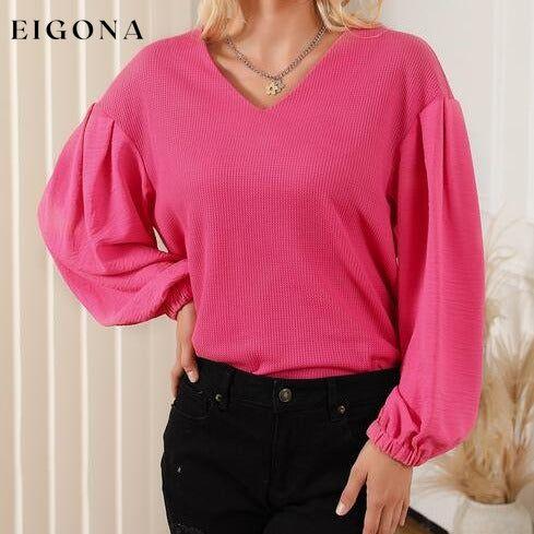 Waffle -Knit V-Neck Long Sleeve Blouse clothes long sleeve top Ship From Overseas shirt shirts SYNZ top tops