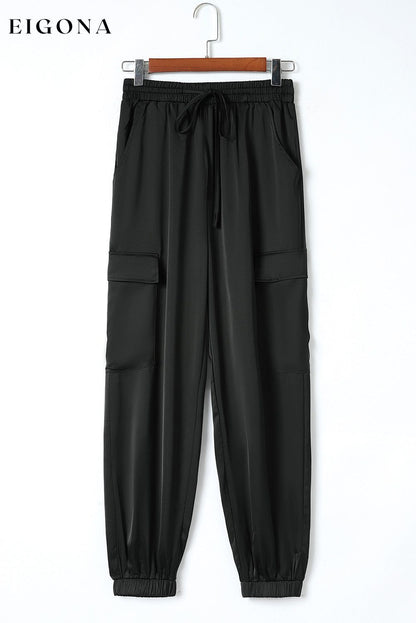 Black Satin Pocketed Drawstring Elastic Waist Pants All In Stock bottoms clothes DL Exclusive Early Fall Collection Fabric Satin Occasion Daily pants Print Solid Color Season Fall & Autumn Style Modern