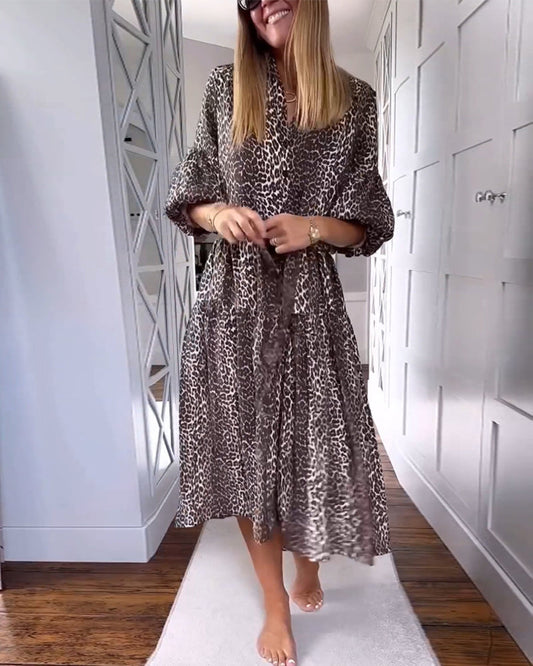 Stylish leopard print bell sleeve patchwork dress