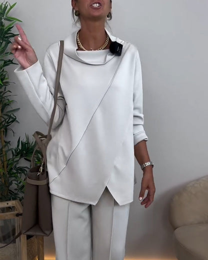 Draped Collar Irregular Long-Sleeved Top