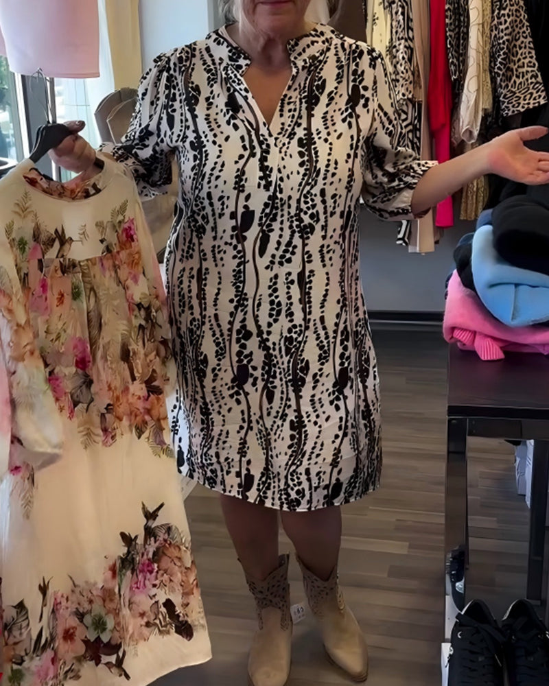 Small V-Neck Print Straight Dress