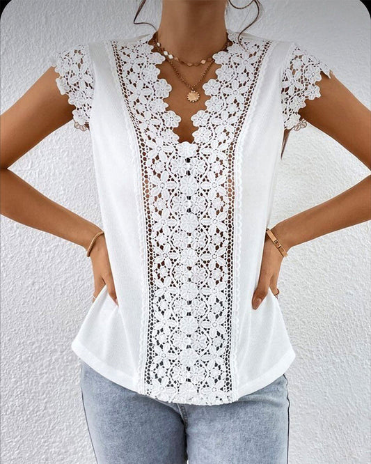 Lace V-Neck Spliced Hollow Out Blouse blouses & shirts spring summer