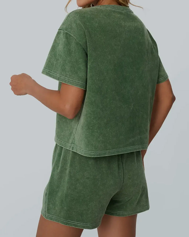 Washed Vintage Crew Neck Casual Set
