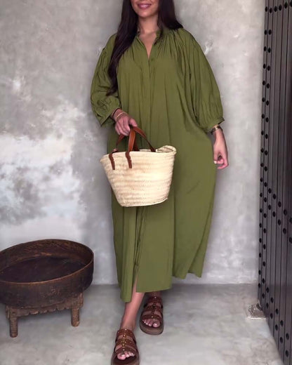 Solid color V-neck pleated loose dress casual dresses spring summer