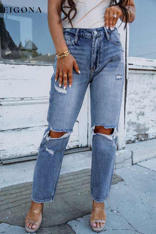 Sky Blue Open Knee Cutout Straight Leg Jeans Sky Blue 68%Cotton+26.5%polyester+5.5%Elastane All In Stock Best Sellers bottoms clothes Color Blue Craft Distressed Early Fall Collection Fabric Denim Hot picks Occasion Daily pants ripped knee Season Spring Style Casual