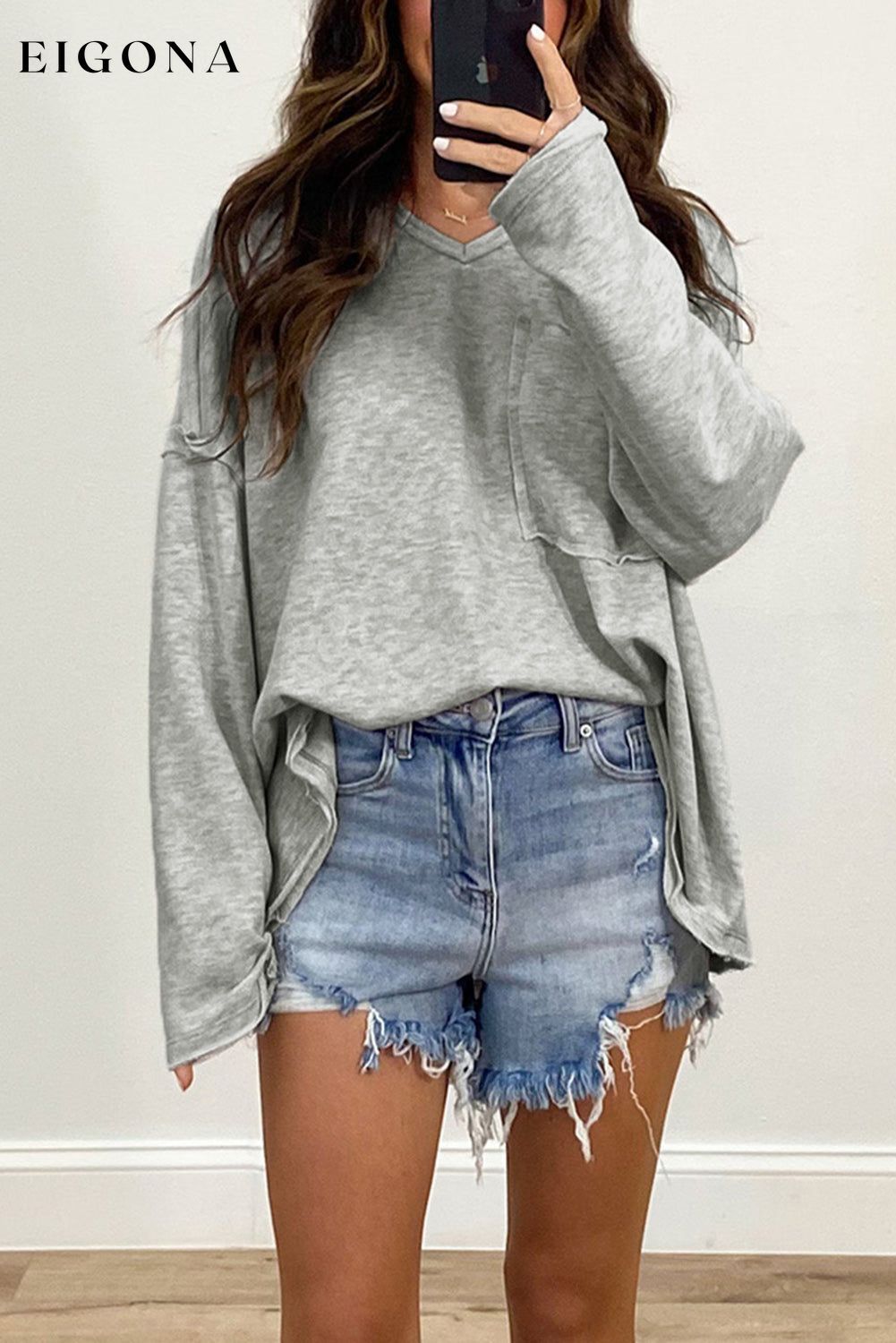 Gray Pocketed Oversized Drop Sleeve Top All In Stock clothes Craft Patchwork DL Exclusive Hot picks long sleeve shirts long sleeve top Occasion Daily Season Fall & Autumn Style Casual tops