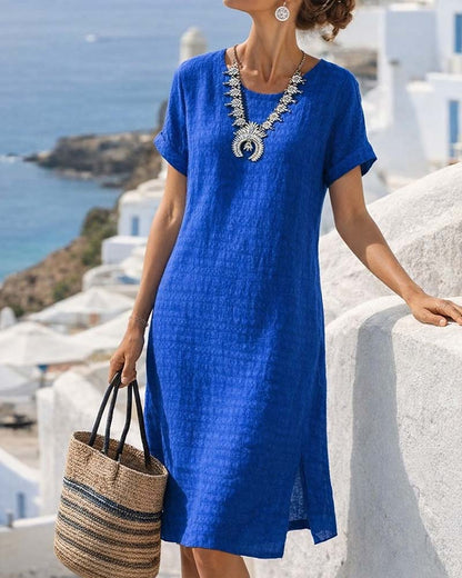 Short-Sleeved Slit Straight Dress