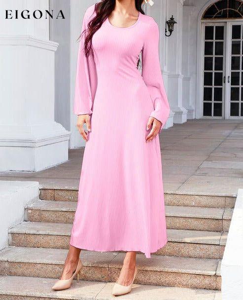 Tie Back Ribbed Round Neck Long Sleeve Dress Carnation Pink casual dresses clothes dresses long sleeve dress long sleeve dresses maxi dress Ship From Overseas Y&M